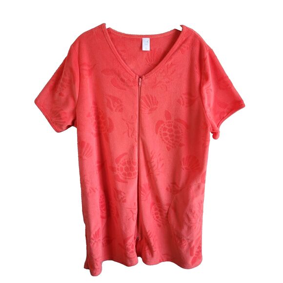 Womens ADONNA Terry cloth Zip Cover Up Robe L Coral Turtle Shells Print Pockets - Picture 1 of 13